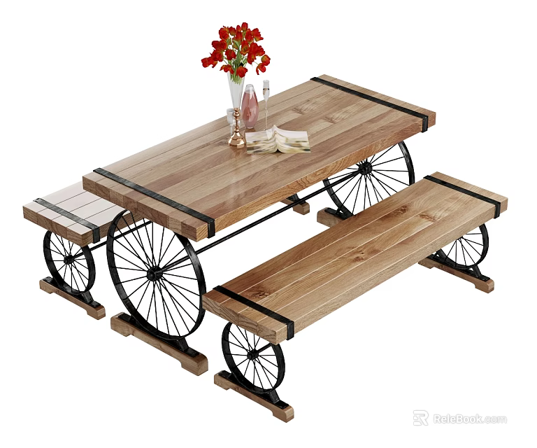 Wooden Dining Table and Bench Set with Black Metal Wheel Legs and Vase Red Flowers 3d model 