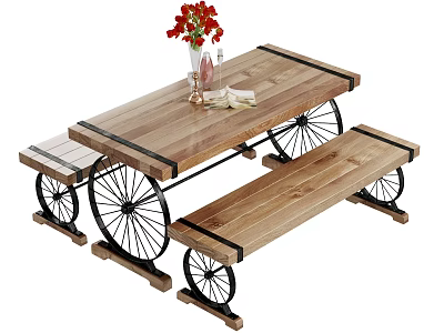 Wooden Dining Table and Bench Set with Black Metal Wheel Legs and Vase Red Flowers 3d model