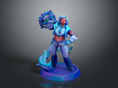 3D Game Fantasy Character With White Hair Dragon Accessory Blue Purple Glowing Base 3d model