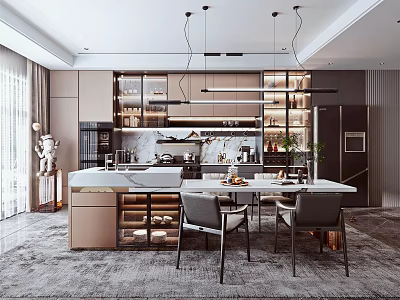 Elegant Modern Restaurant Interior With Open Concept Marble Island Cabinets And Pendant Lights 3d model