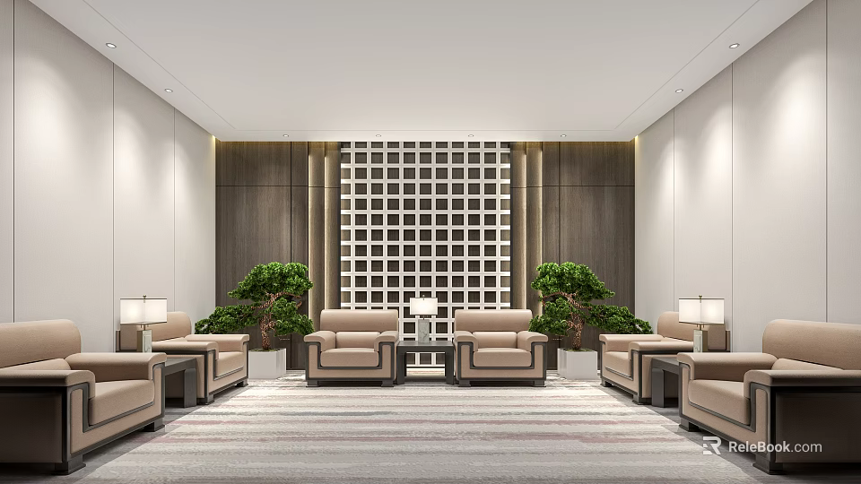 Modern Hotel Public Lounge Area With Beige Sofas Grid Patterned Wall And Green Plants 3d model