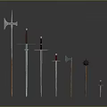 Various Medieval Metal Weapons Collection With Handles On Black Background