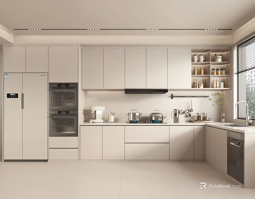 Modern Minimalist Kitchen Interior With Light-colored Cabinets Refrigerator Oven Sink And Countertop 3d model 