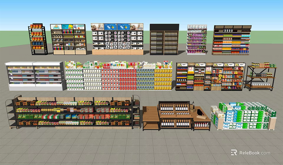 Multi Tier Retail Display Shelves With Various Products In Supermarket Layout 3d model 