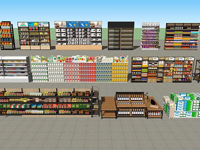 Multi Tier Retail Display Shelves With Various Products In Supermarket Layout 3d model
