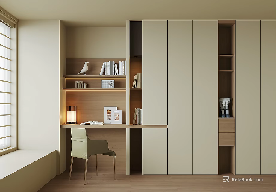 Modern Beige Wardrobe Interior With Bookshelf Books Decor Table Chair And Lamp 3d model 