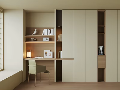 Modern Beige Wardrobe Interior With Bookshelf Books Decor Table Chair And Lamp 3d model