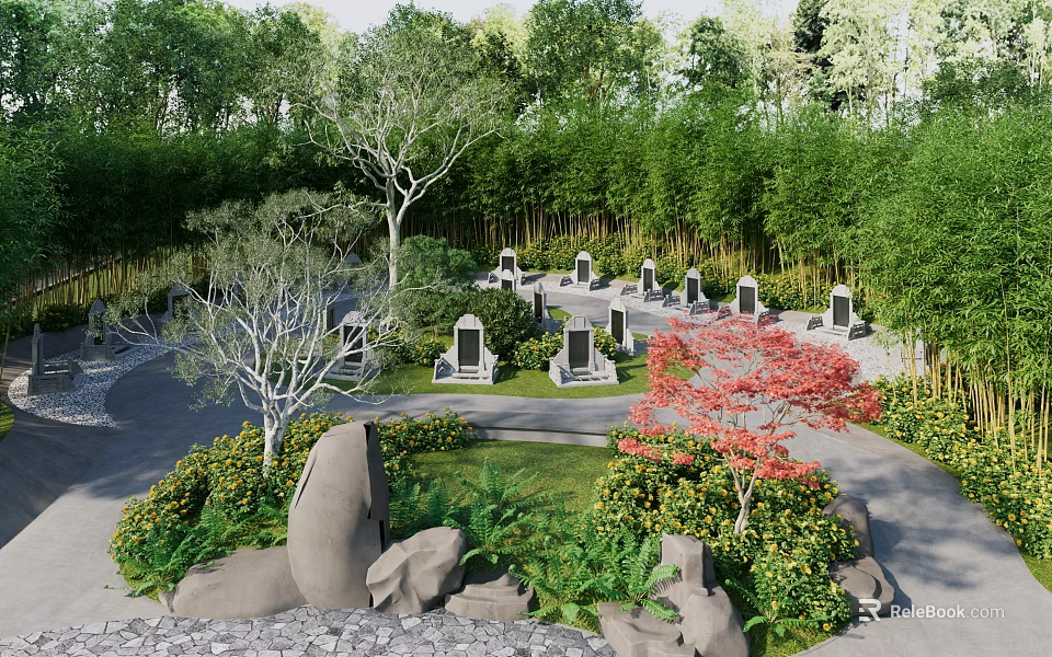 Park Landscape With Tombstones Trees Bamboo Red Maple Tree Rocks And Paths 3d model 