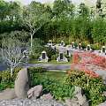 Park Landscape With Tombstones Trees Bamboo Red Maple Tree Rocks And Paths