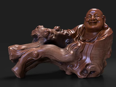 Wooden Smiling Buddha Sculpture With Intricate Carving Details And Artisan Craftsmanship 3d model