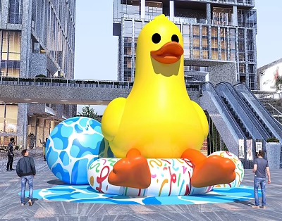Outdoor Photo Spot with Giant Yellow Inflatable Duck and Colorful Rings Near Modern Buildings 3d model