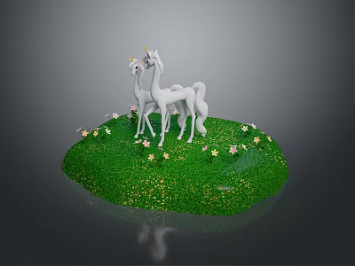 White Unicorns Standing On Green Grass With Small Flowers Decorating The Scene 3d model