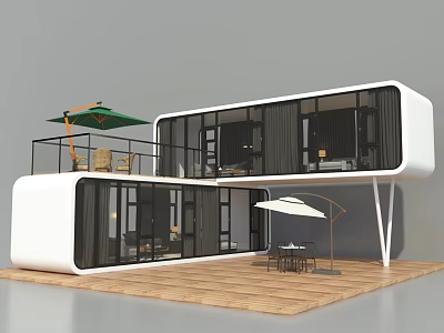 Modern White Villa Guesthouse With Large Glass Windows Terrace And Wooden Deck 3d model