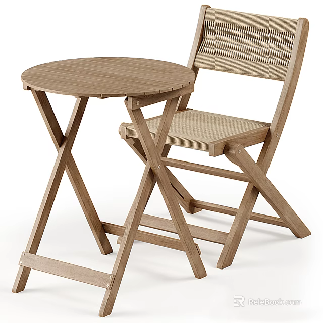 Natural Wooden Folding Round Table And Chair Set With Woven Seat And Back 3d model 