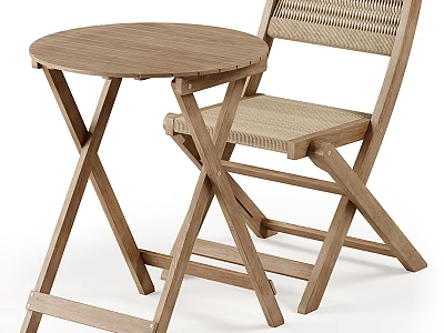 Natural Wooden Folding Round Table And Chair Set With Woven Seat And Back 3d model