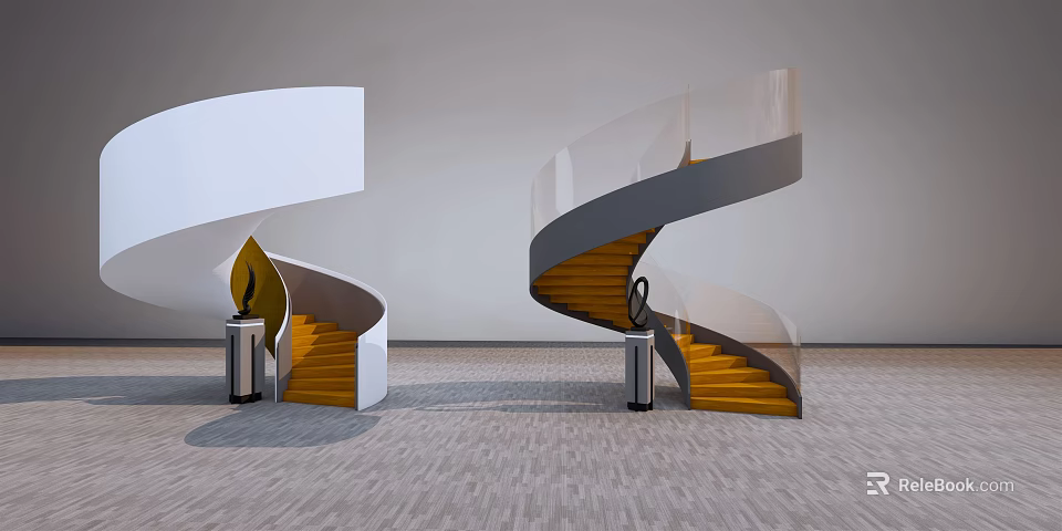 Modern Spiral Staircase With Yellow Steps And Glass Railing Interior Design 3d model 