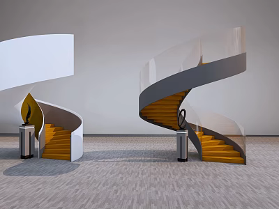 Modern Spiral Staircase With Yellow Steps And Glass Railing Interior Design 3d model