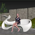 Sculptural White Public Chair in Outdoor Space with Stone Wall Green Plants and Blue Sky