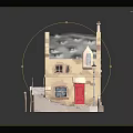 Cartoon Scene with Cute House Red Door Steps Street Lamp and Water Waves
