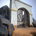 White Stone Entrance Gate With Black Iron Design And Rock Decorations On Brown Platform