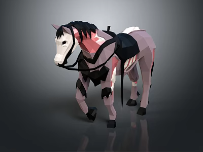 Game And Movie Character Low Poly White Pink Horse With Black Saddle Bridle Leg Armor 3d model