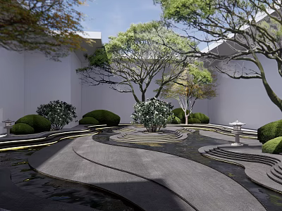 Karesansui Dry Landscape Garden with Curved Gray Pathways Pruned Shrubs and Stone Lanterns 3d model