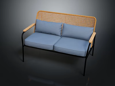 Modern Sofa With Rattan Backrest Blue Cushions And Black Metal Frame Design 3d model