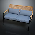 Modern Sofa With Rattan Backrest Blue Cushions And Black Metal Frame Design