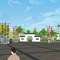Park Landscape with Red Lanterns on Lamp Posts White Archway Trees and Paved Square 3d model