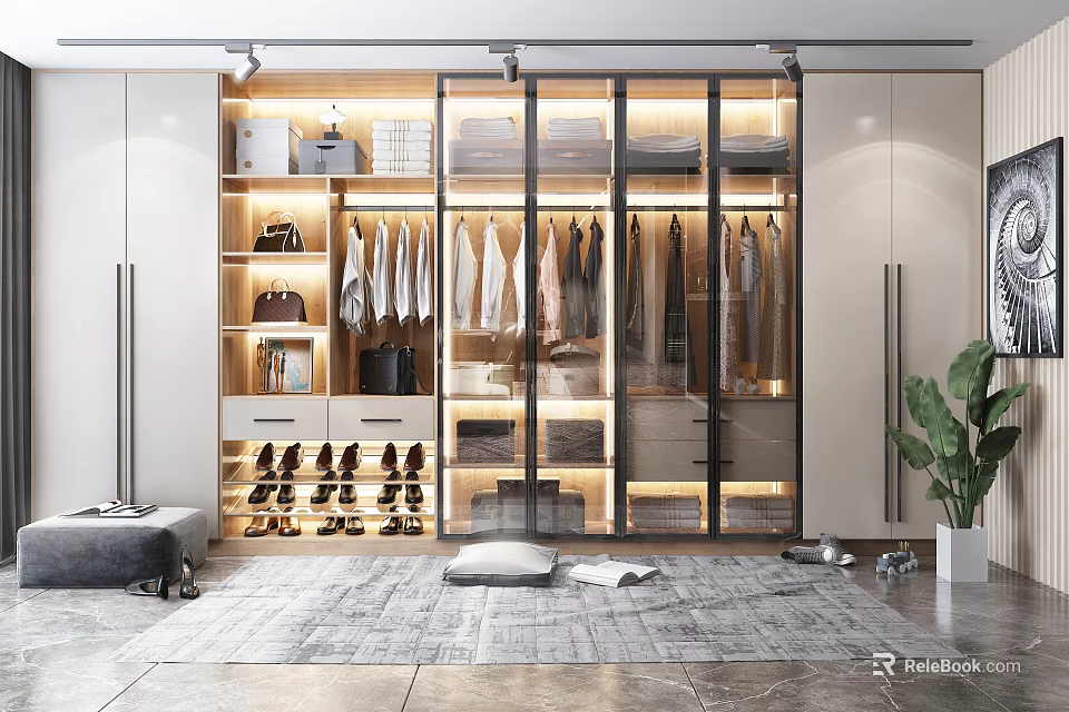 Modern Wardrobe Interior Design With Glass Doors Hanging Clothes Drawers LED Lighting And Shoe Storage 3d model 