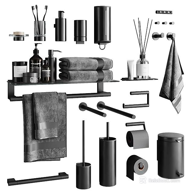 Modern Black Bathroom Accessories Set With Towel Rack Dispensers And Trash Can 3d model 