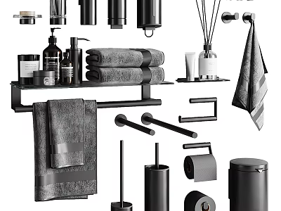 Modern Black Bathroom Accessories Set With Towel Rack Dispensers And Trash Can 3d model