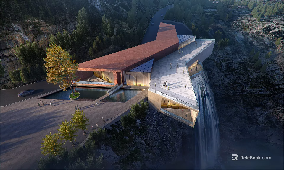 Modern Cliffside Building Design With Waterfall Open Platform And Natural Mountain Views 3d model