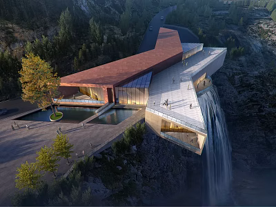 Modern Cliffside Building Design With Waterfall Open Platform And Natural Mountain Views 3d model