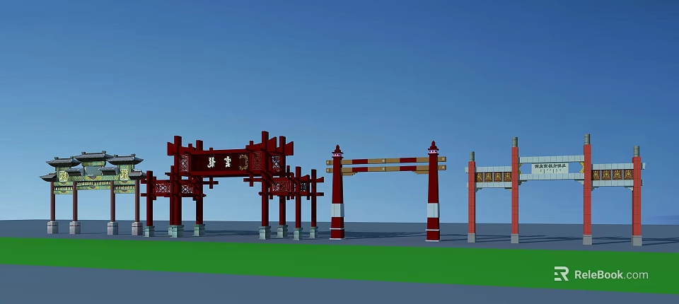Traditional Red Memorial Archways With Various Styles Against Blue Sky And Green Ground 3d model 
