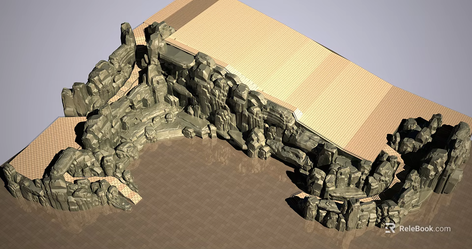 Artistic Garden Ornament Featuring Rockery Structures Stone Slab Ground And Pavilion 3d model 