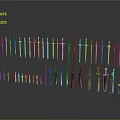 Various Types of Long and Short Swords Neatly Arranged on Grey Background With Reflection Effect