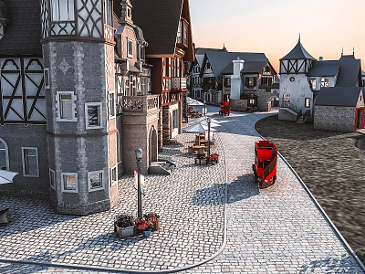 Birds Eye View Planning of European Town Featuring Cobblestone Streets Red Carriage And Traditional Buildings 3d model