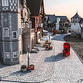 Birds Eye View Planning of European Town Featuring Cobblestone Streets Red Carriage And Traditional Buildings