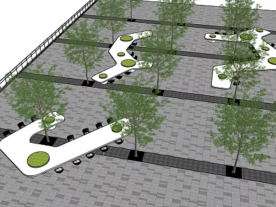 Modern Outdoor Table Setup With Trees Winding Paths And Green Circular Areas On Stone Pavement 3d model