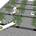 Modern Outdoor Table Setup With Trees Winding Paths And Green Circular Areas On Stone Pavement