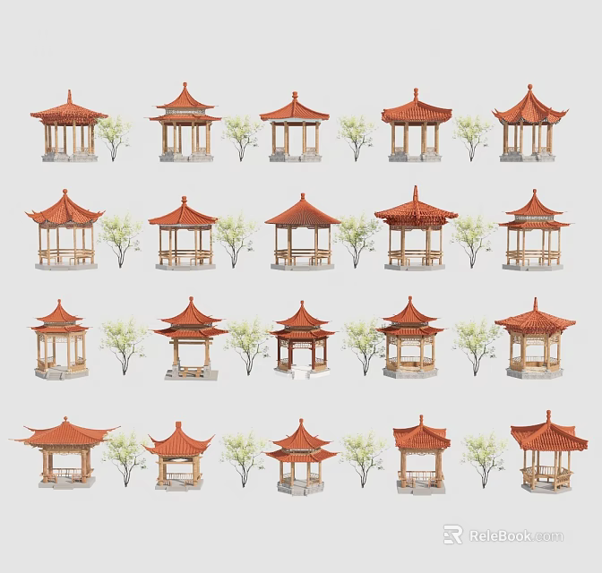 Traditional Chinese Pavilions With Red Roofs And Small Trees In Various Designs 3d model 