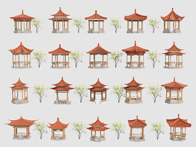 Traditional Chinese Pavilions With Red Roofs And Small Trees In Various Designs 3d model