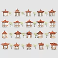 Traditional Chinese Pavilions With Red Roofs And Small Trees In Various Designs