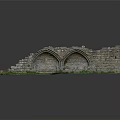 Ancient Stone Wall Ruins With Two Arched Structures Green Moss And Water Reflection
