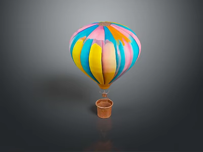 Vibrant Colorful Hot Air Balloon With Pink Blue Yellow Green Stripes And Brown Basket 3d model