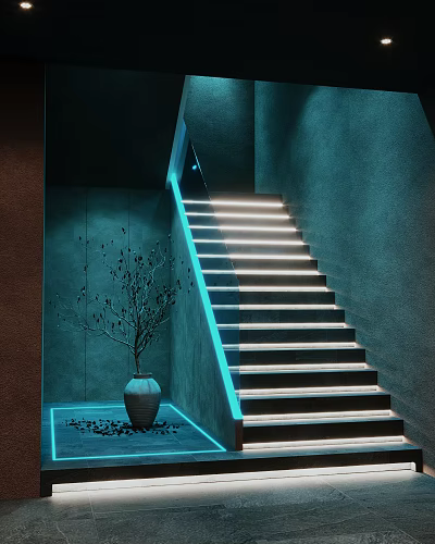 Contemporary Staircase Interior With Illuminated Steps Glass Railing And Decorative Vase Plant 3d model