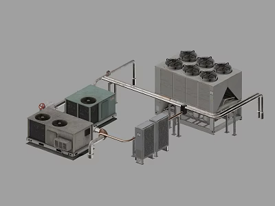 Industrial Piping System Connecting Cooling Tower Compressor Unit And Radiator Components 3d model