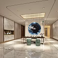 Modern Elegant Teahouse Interior Design With Round Lotus Painting Tea Set Lighting And Marble Floor