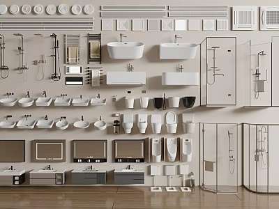 Modern Bathroom Set With Sinks Toilets Cabinets Showers And Mirrors 3d model